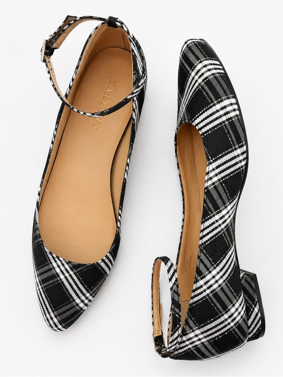 Talbots Shoes - Talbots Shoes Flats pointed black white Tartan plaid ankle-strap size 9.5